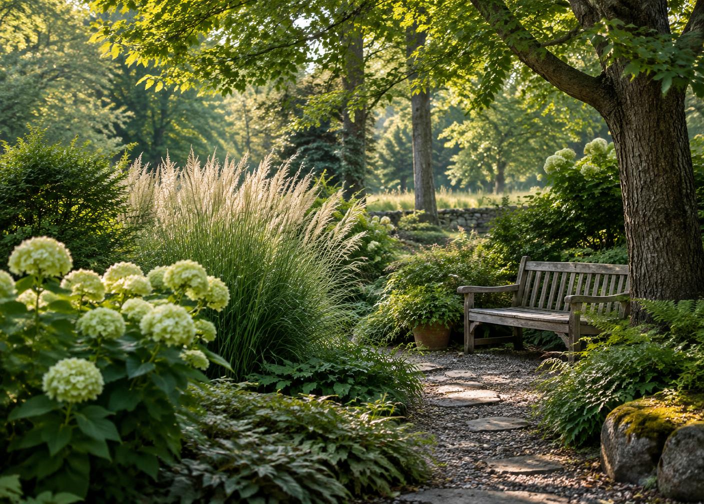 Placeholder photograph of a mature country garden with a wooden bench