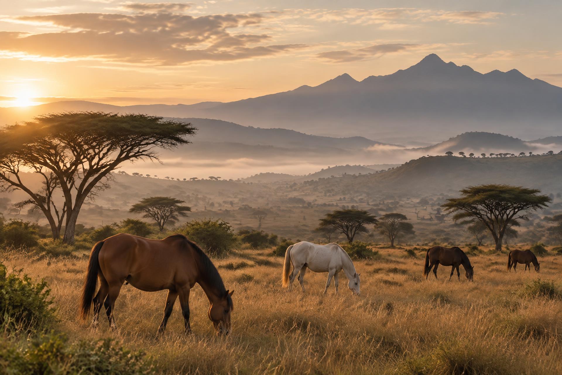 Horses grazing in open countryside at dawn, representing the intended atmosphere at House of Horses