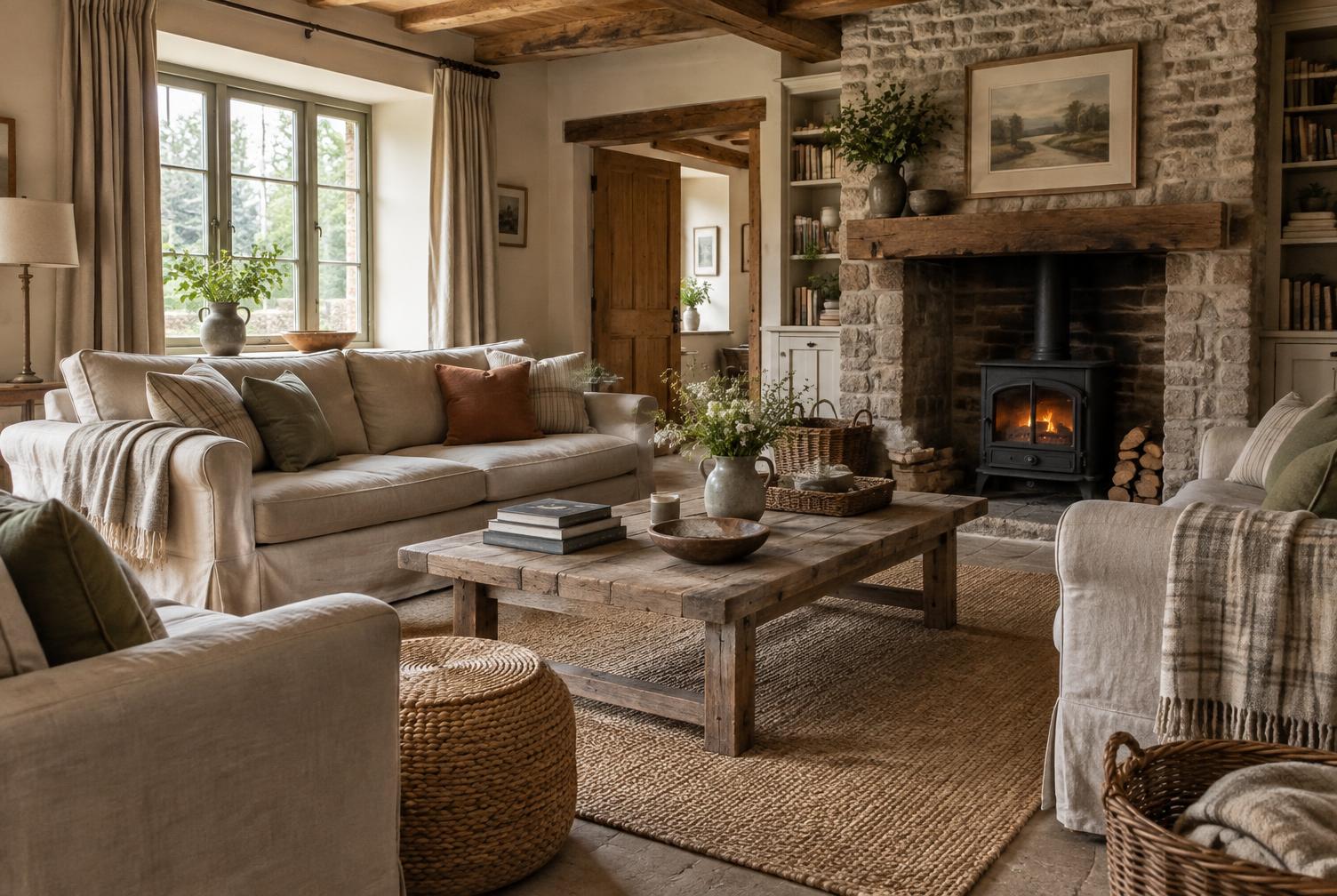 Placeholder photograph of a relaxed country house lounge with linen sofas