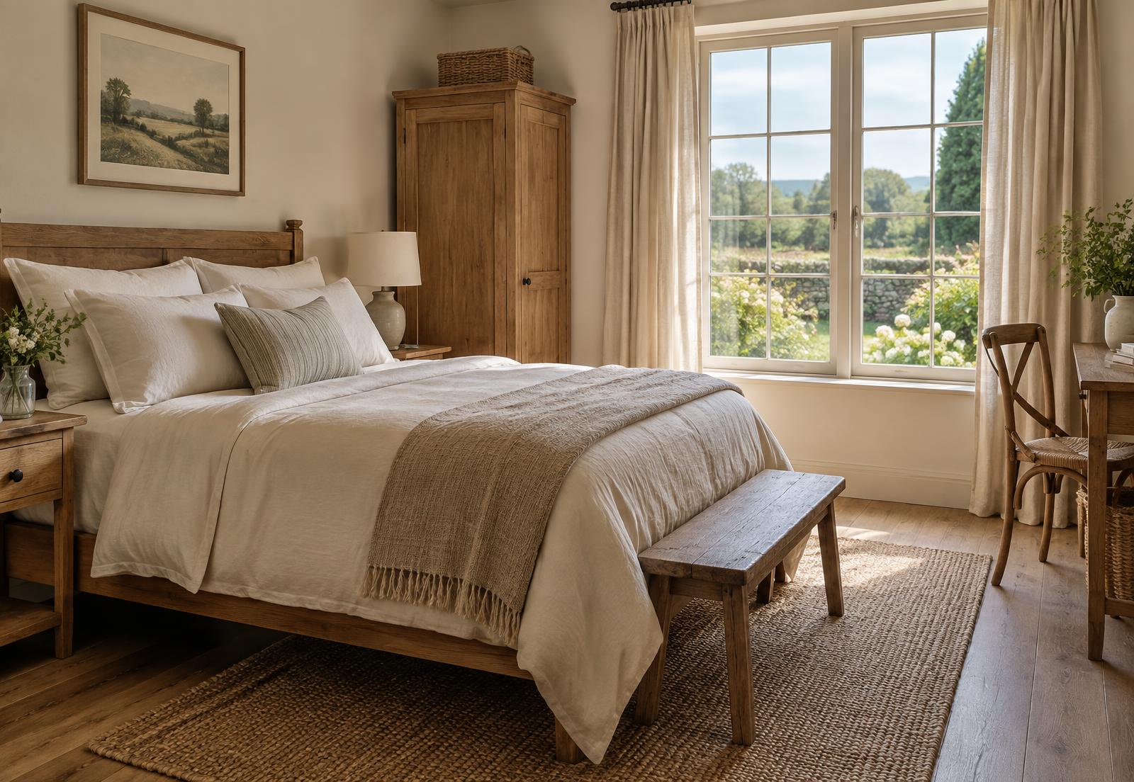 Placeholder photograph of a simple country guest bedroom with linen bedding